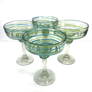Vtg Margaritaville Set Of 4 Margarita Glasses Hand Blown Green/Blue Swirl-RARE - Picture 1 of 8