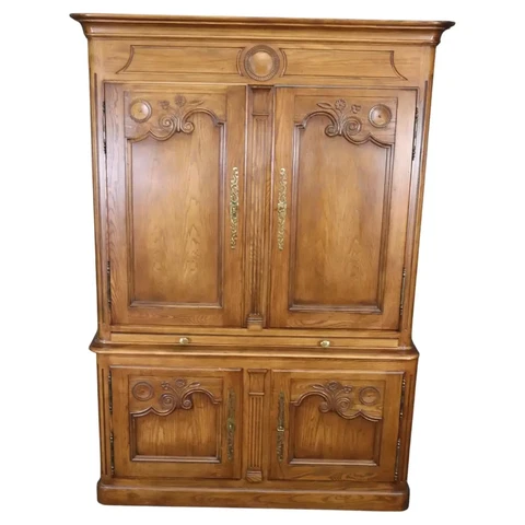 Baker Solid Oak Country French Breakfront China Cabinet with Desk Lighted Cover