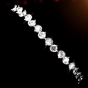 18K White Gold Filled Made With SWAROVSKI Crystal Round Curved Tennis Bracelet - Picture 1 of 5