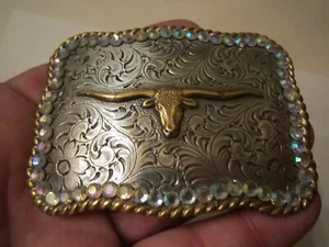 VINTAGE NOCONA TEXAS LONGHORN BELT BUCKLE WIITH CRYSTALS - GW-18 - Picture 1 of 3