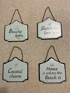 Set of 4 Beach Metal Nautical Hanging Wall Sign Coastal Charm Shore Do Love You - Picture 1 of 4