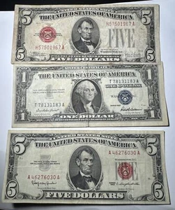 OBSOLETE U.S. PAPER MONEY LOT: $1 Silver Cert w/ 2 $5 Red Seal Notes WN-347 - Picture 1 of 11