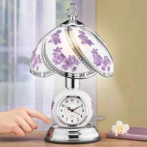 Lavender Rose Glass Panel Shade Ceramic Clock Base Touch Table Lamp - Picture 1 of 1