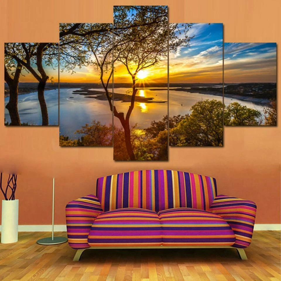 Beautiful Sunrise Sunset River & Trees Forest Framed 5 Piece Panel Canvas Wall A - Image 1 of 1