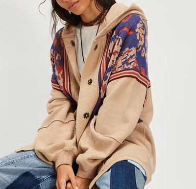Free People Bowery Cardigan Hoodie Jacket Cotton Oversized Slouchy Floral Beige - Image 1 of 4