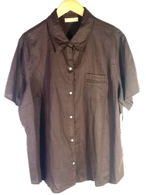 Kate Hill 女式 100% 亚麻休闲衬衫尺寸 3X 巧克力棕色全新带标签 — 第 1/4 张图片