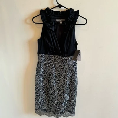 Nuevo Vestido de Cóctel Donna Ricco Para Mujer 4 Negro Plateado Encaje Volantes Femenino Foto 1 de 4