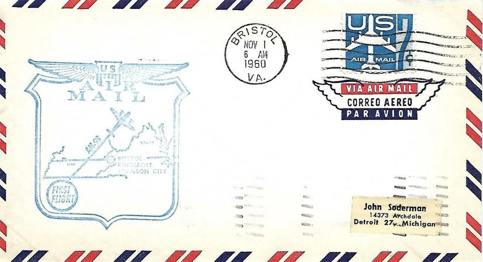 First Airmail Flight Bristol VA - Memphis TN November 1 1960 AAMC#98W61 - Image 1 of 1