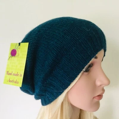 KOALA KNIT HAND KNITTED LADIES SIZE M PETROL, SEA GREEN SLOUCHY WOOL-ALPACA HAT - image 1 of 4