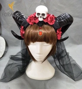 New Halloween Skull Veil Headdress Gothic Devil Headband Floral Horns Headpieces - Picture 1 of 10