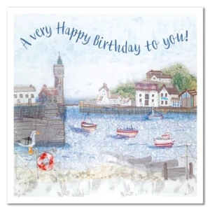 Emma Ball Happy Birthday Card Porthleven Harbour Cornwall Greetings Blank MILL24 - Picture 1 of 3