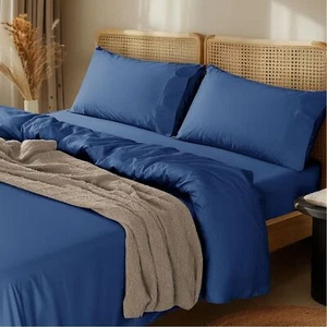 LBRO2M 1000 Thread Count 100% Cotton Sheets Set Navy Blue King Size 4 Piece Set - Picture 1 of 6