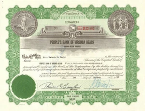 Acciones de certificado de acciones de People's Bank of Virginia Beach - Imagen 1 de 1