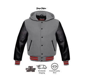 Cappuccio uomo lana Varsity baseball letterman con maniche in vera pelle - Foto 1 di 4
