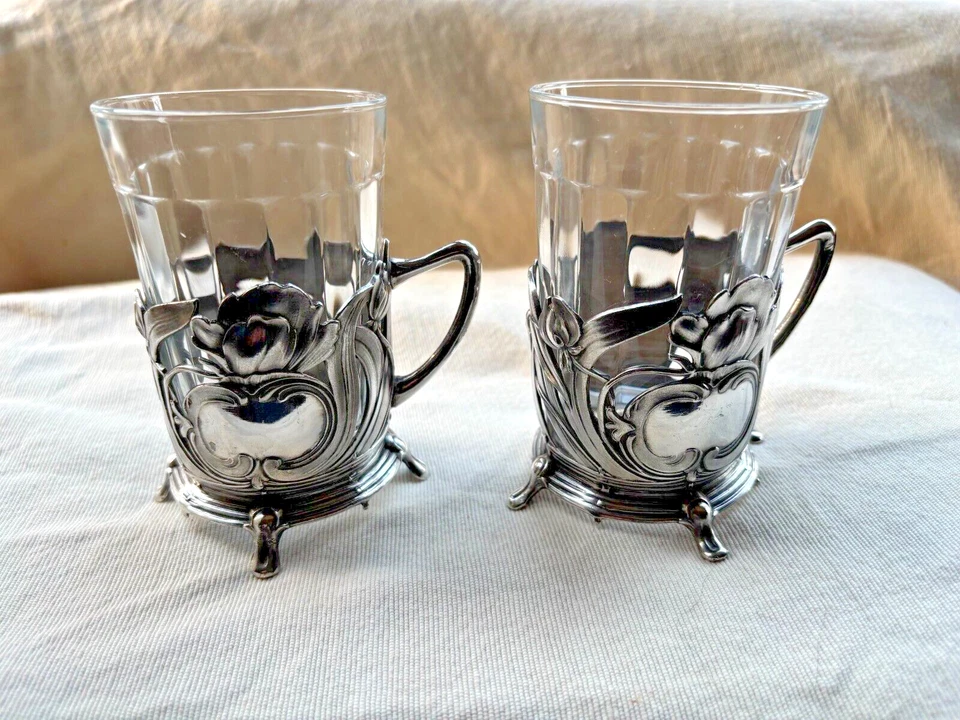 WMF 1910-1918 ART NOVEAU SILVER PLATE TEA GLASS HOLDER PAIR - Image 1 of 4