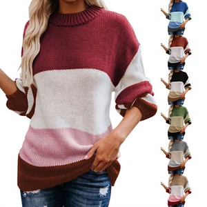 Womens Color Block Sweaters Long Sleeve Crewneck Pullover Knitted Jumper Tops - Picture 1 of 45