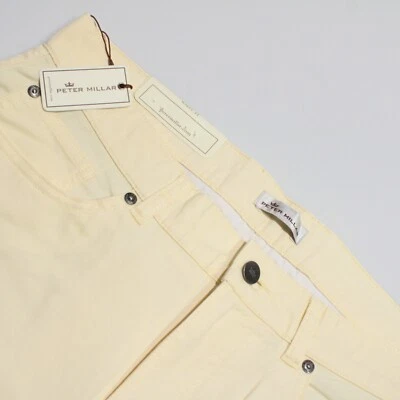 Calça jeans Peter Millar nova com etiquetas 5 bolsos corte tamanho 33 EUA em mistura de algodão amarelo sólido - Imagem 1 de 4