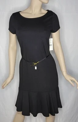 Lauren Ralph Lauren Black Short Sleeves Belted Ruffle Hem Dress Size M - Image 1 of 4