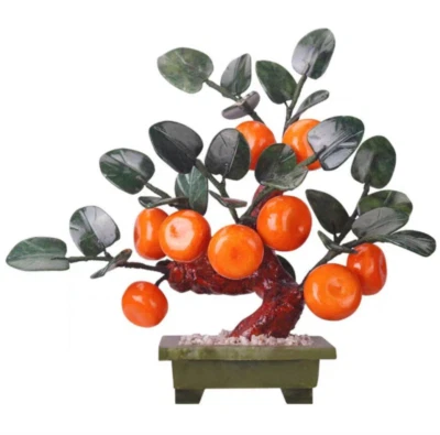 Feng Shui Jade Tangerine Bonsai Hardstone Gemstone Tree Fruit Plant 086