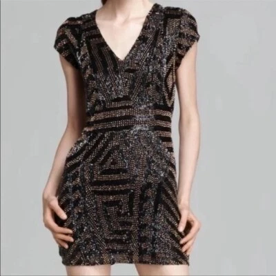 Mini Vestido Parker Mujer Art Deco Patrón Tribal Cuentas Seda S Negro Bronce Foto 1 de 4