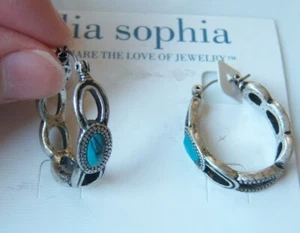 Lia Sophia "Oasis" Genuine Turquoise & Antique Silver HOOP PIERCED EARRINGS - Picture 1 of 3