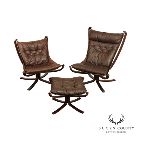 S. Ressell for V. Mobl. Danish Modern Leather 'Falcon' Lounge Chairs and Ottoman Cover