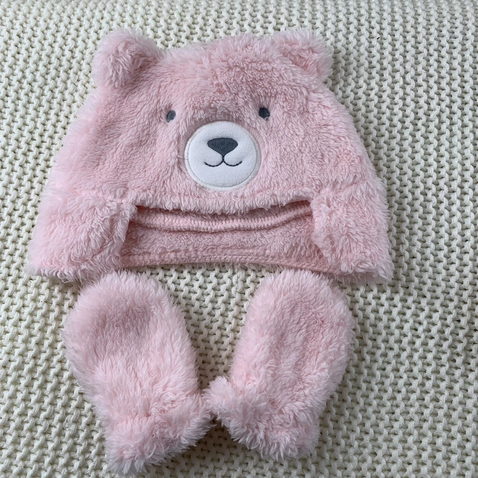 Carter's just one you baby girl cute sherpa Pink bear hat and mitten 2pc set 0-3 - Image 1 of 3