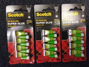 3M Scotch Super Glue No Run Single Use Tubes 4 Per Pack No Mess Tip, Lot Of 3 - Picture 1 of 1
