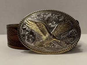 Heritage Collection Silver Gold Tone Eagle Belt Buckle & Leather Eagle Belt 42” - Picture 1 of 12