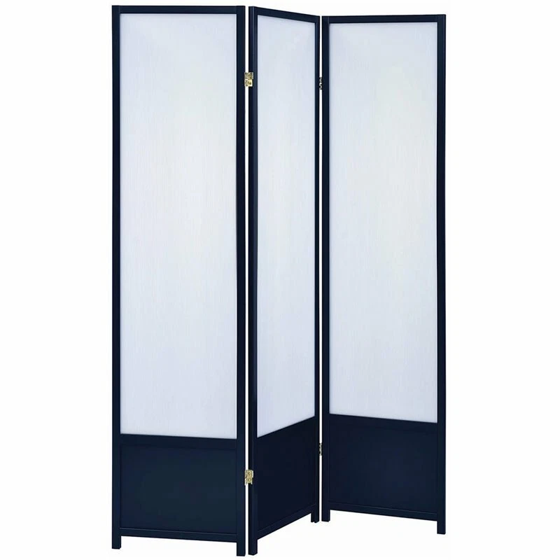 Black Finish Room Divider Screen With Three Translucent Frosted Panels