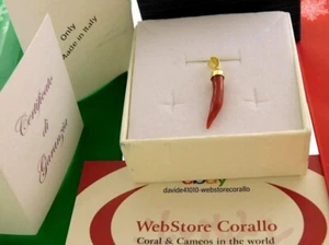 Pendant in 18k and 750 Gold of Gemstone HoRn red CORAL Cornicello Italian Italy - Picture 1 of 3