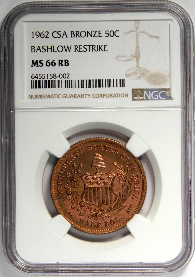 1962 CSA BRONZE BASHLOW RESTRIKE CONFEDERATE HALF DOLLAR ~ SHARP NGC MS66RB! - Image 1 of 4