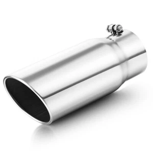 Diesel Exhaust Tip 4" Inlet 5" Outlet 12"Long Rolled Angle Cut Bolt On Polished - Foto 1 di 10