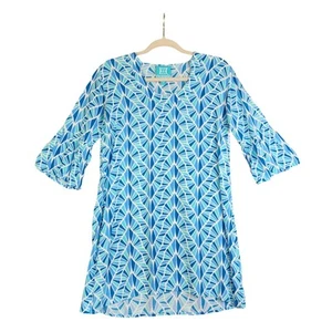 Escapada Womens Tunic Dress Sze Small Blue White Mosaic Print Ruffle Bell Sleeve - Picture 1 of 8