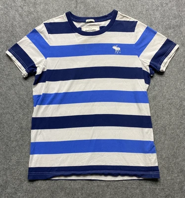 Camisa Abercrombie & Fitch Para Hombre XL Azul Gris Rayas Logo Alce Ajuste Muscular Crew Foto 1 de 4