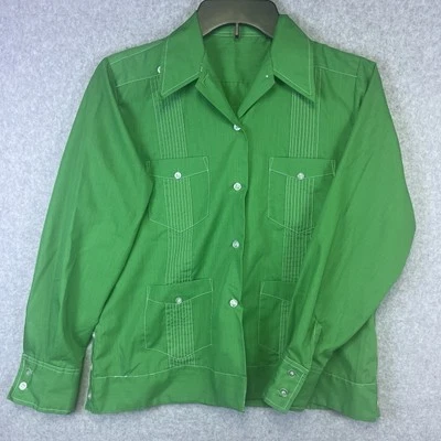 Camisa Guayabera Para Mujer L Verde Manga Larga 4 Bolsillos Plisada Frontal Estilo Cubano Foto 1 de 4
