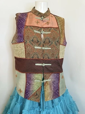 Colete Vintage Feminino Múltiplo Médio Patchwork Lantejoulas Mescla de Seda Estampa Novo sem etiquetas - Imagem 1 de 4