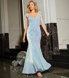 B. Darlin Sequin V-Neck Tie Shoulder Blue Iridescent Mermaid Dress Size 13/14 - Picture 1 of 19
