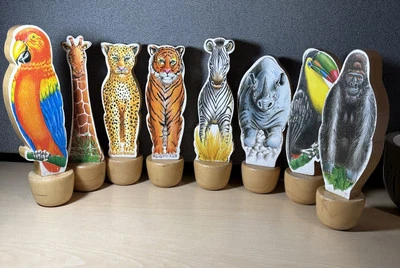 Prendedores de boliche vintage de animales de la selva madera dura raros Doug & Melissa 8 piezas P214 Foto 1 de 4