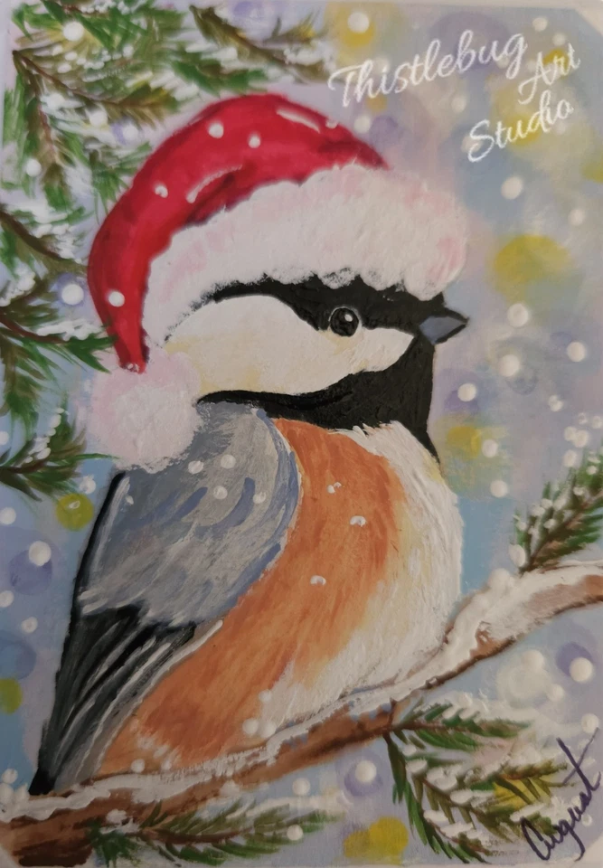 ACEO Christmas Chickadee Santa Hat Bird Nature Original Signed Acrylic Painting - image 1 of 1