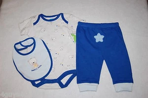 Toddler Boys 3 Piece Set BEARY CUTE Star 6-9 Mo Bodysuit BLUE PANTS Bib GRAY - Picture 1 of 1