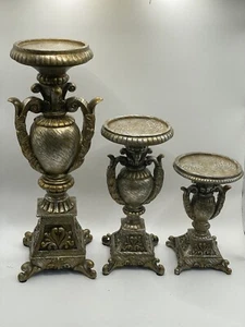 OBI Plaster Rustic Vintage Gold Silver Candle Holders 12" 8" 6" Set Of 3 - New - Picture 1 of 10