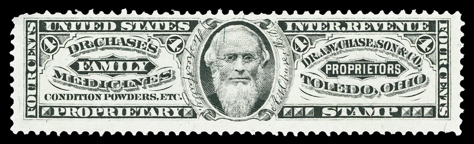 Scott RS55b 1871 4c Dr A.W. Chase, Son & Co. Revenue on Silk Paper F-VF Cat $300 - Image 1 of 1