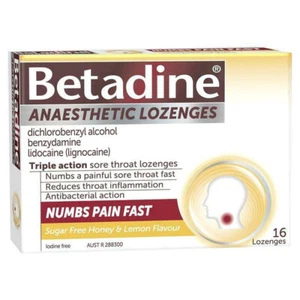 Betadine Anaesthetic Lozenges Sore Throat Relief Numb Pain Honey & Lemon 16 Pack - Picture 1 of 12