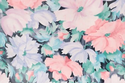 72"L x 54"W Unbranded Chintz Fabric Pink Blue Purple Flowers Floral on Black - Image 1 of 4