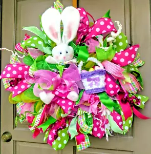 Spring Easter Bunny Wreath Large 24" Handmade Pink Green Deco Home Decor - Picture 1 of 11