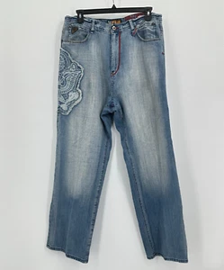 Y2K Akademics Jeans Mens 38 Blue Red Denim Straight Hip Hop Streetwear Patches - Picture 1 of 18