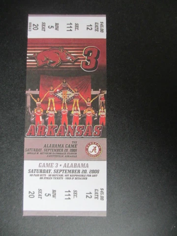 2008 Alabama vs Arkansas Football Ticket Official Reproduction Cover