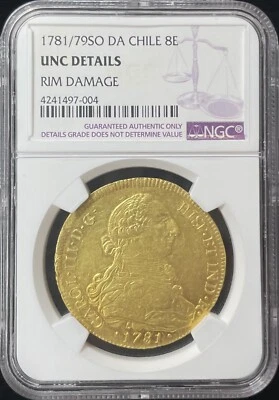 Золотая монета Чили 8 эскудо 1781/79 SO DA NGC детализация не бывшая в обращении - Изображение 1 из 2