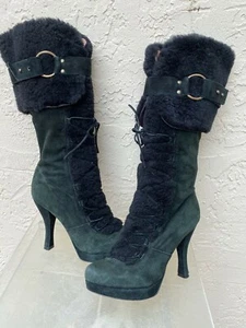 NICOLE MILLER WUNDERSCHÖNE SEXY SCHWARZE SHEARLING LAMMFELL FELL STIEFEL 4,5" ABSATZ GRÖSSE 9 - Bild 1 von 7